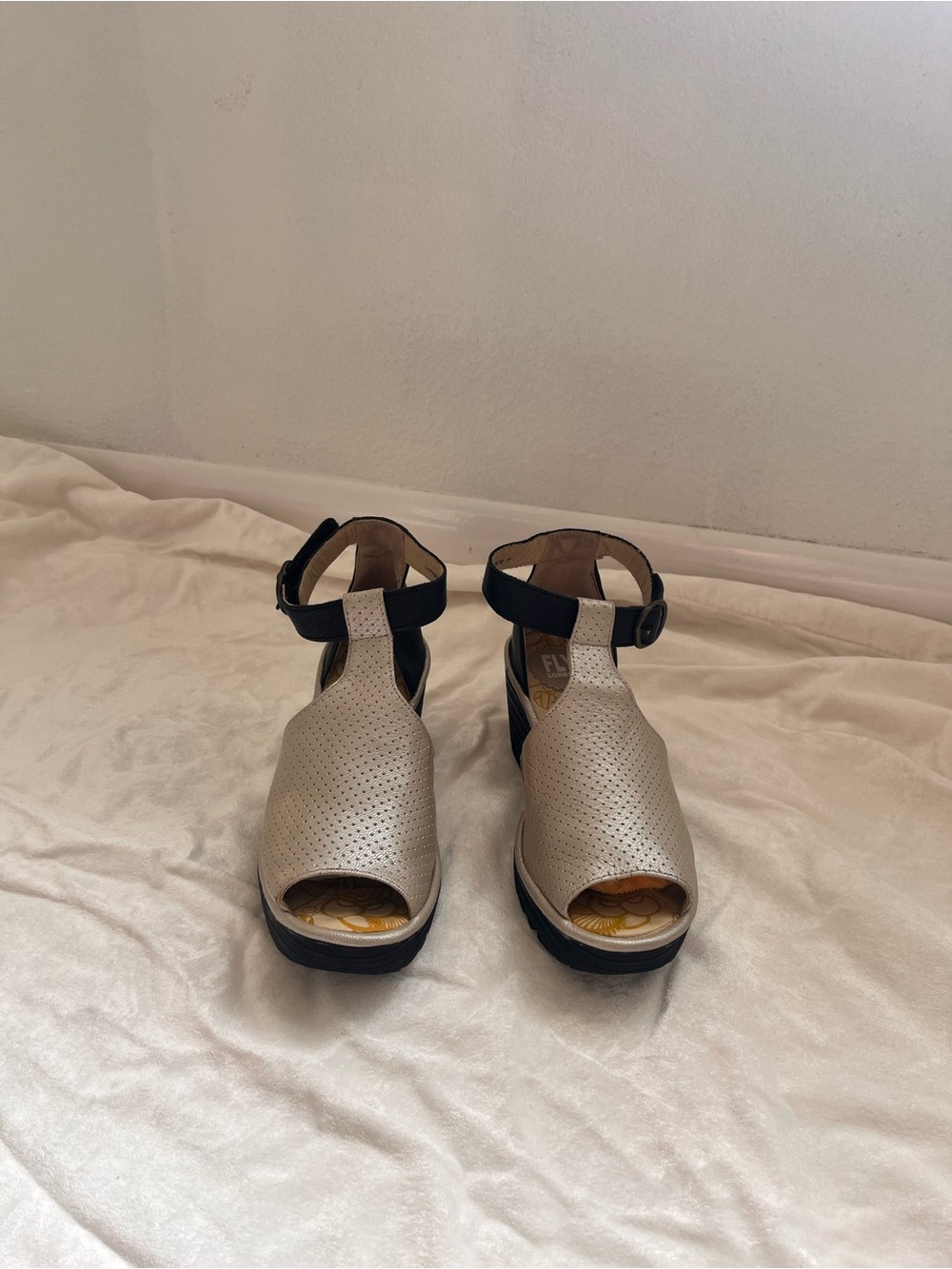 Fly London Metallic Gold $240 Perforated Wedge Sandals with Black Ankle Strap - Picture 4 of 10